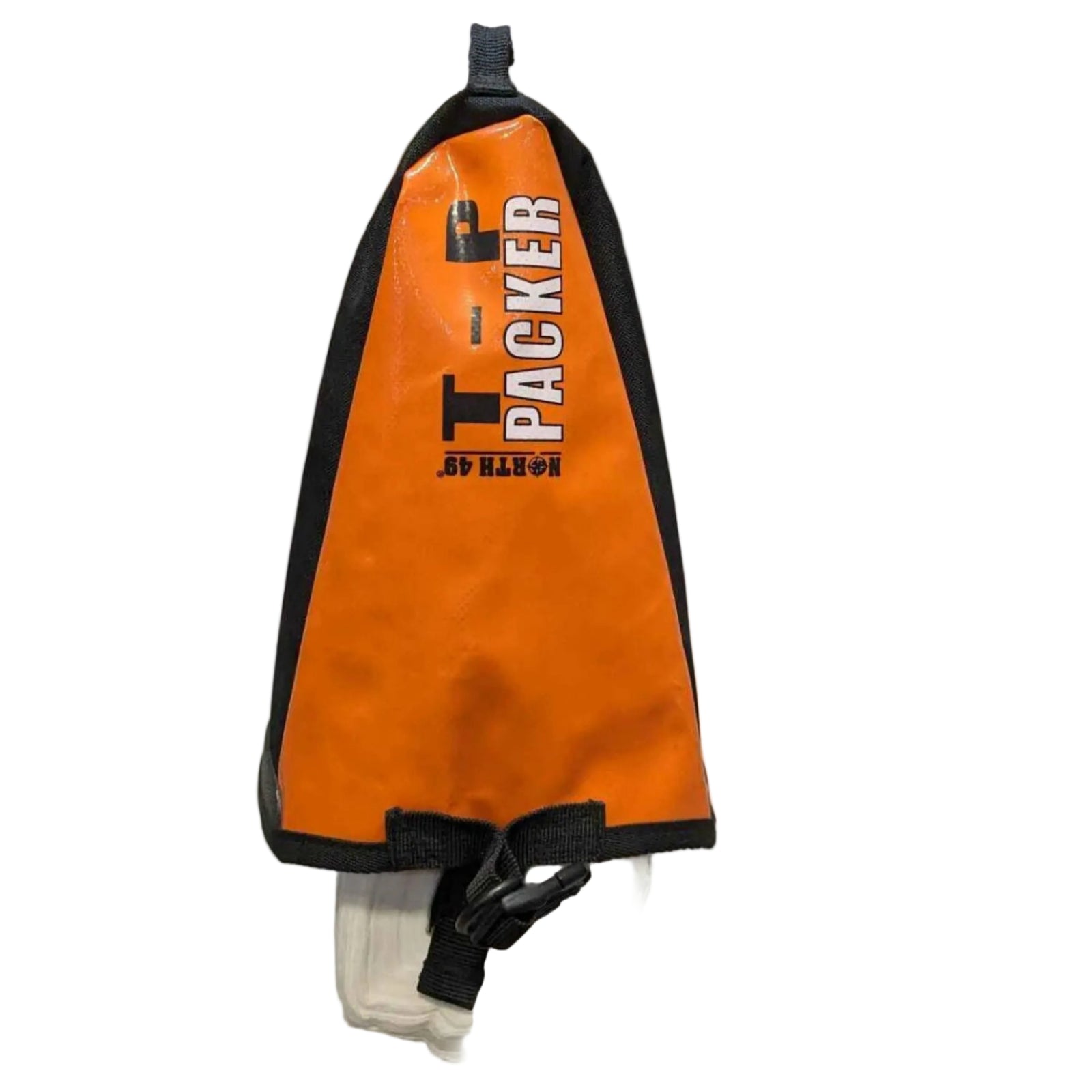 North 49 TP Packer Waterproof Travel Toilet Paper Dispenser in Orange Front View with Product Title Hanging with Toilet Paper | ScoutTech Outfitters