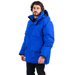 Outdoor Survival Canada OSC Men's Akiak  -40 Fur Free Down Parka in Arctic Blue on a Model Front | ScoutTech Outfitters Mississauga Store
