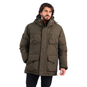 Outdoor Survival Canada OSC Men's Akiak -40 Fur Free Down Parka in Alpine Moss on a Model Front | ScoutTech Outfitters Mississauga Store