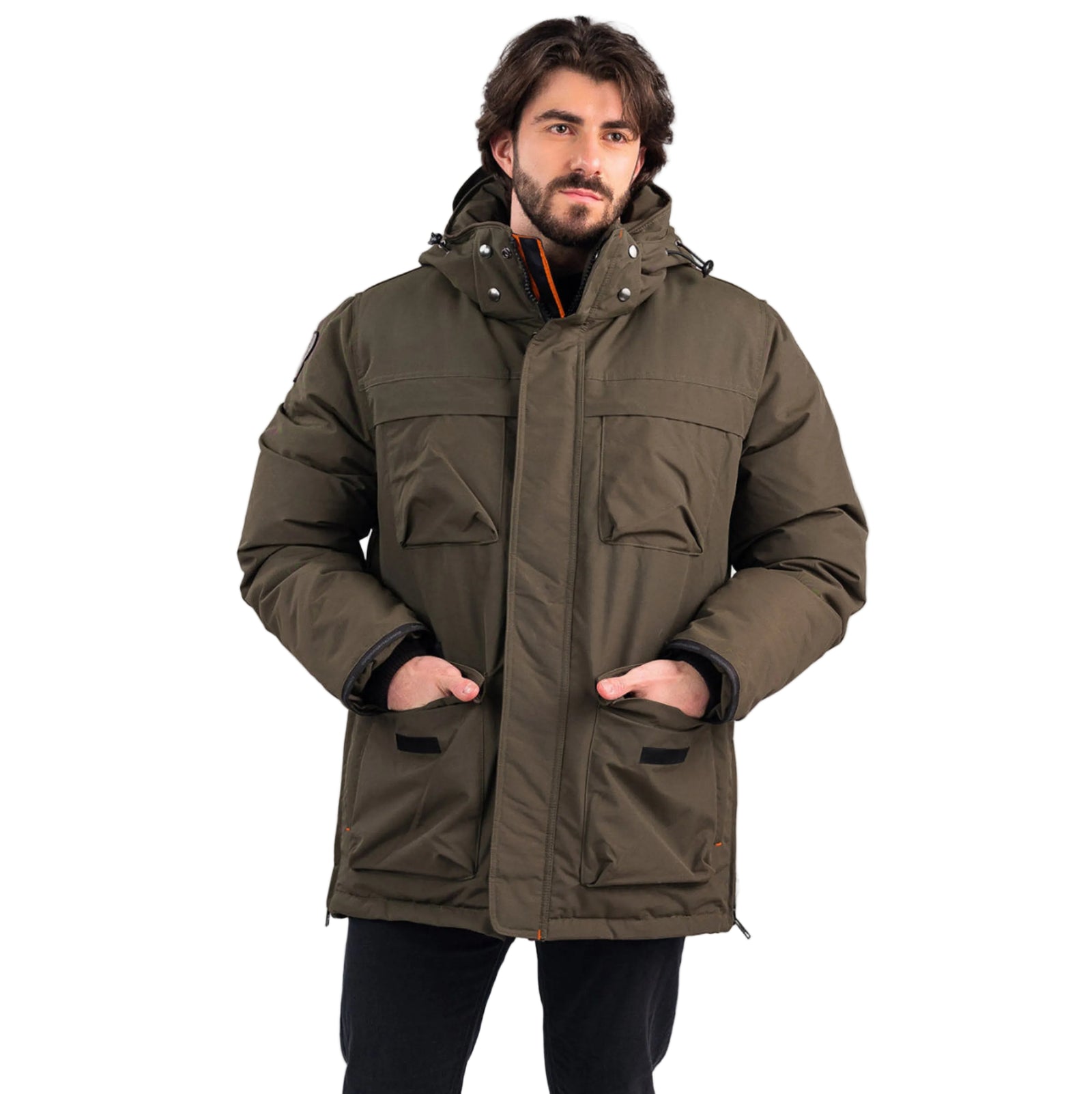 Outdoor Survival Canada OSC Men's Akiak -40 Down Parka in Alpine Moss on Model Casual Pose with Hands in Pockets | ScoutTech Outfitters Mississauga Store