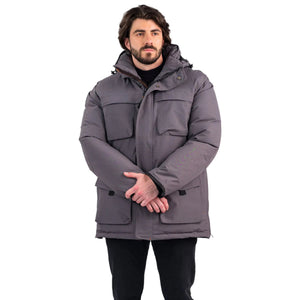 Outdoor Survival Canada OSC Men's Akiak  -40 Fur Free Down Parka in Charcoal Grey on a Model Front | ScoutTech Outfitters Mississauga Store