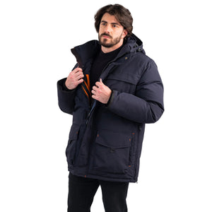 Outdoor Survival Canada OSC Men's Akiak -40 Down Parka in Cold Lake Blue on Model Front Zipper Half Open Casual Pose | ScoutTech Outfitters Mississauga Store