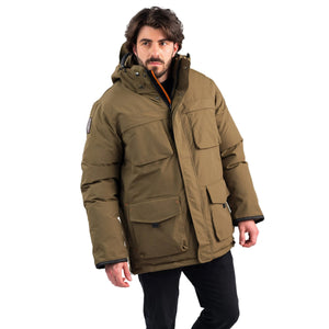 Outdoor Survival Canada OSC Men's Akiak -40 Down Parka Military Green on Model Front Right Pose | ScoutTech Outfitters Mississauga Store