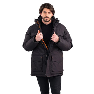 Outdoor Survival Canada OSC Men's Akiak -40 Down Parka in Orca Black on Model Front Zipper Half Open Pose | ScoutTech Outfitters Mississauga Store