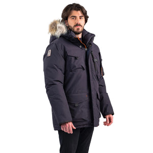 Outdoor Survival Canada OSC Men's Kanti -40 Down Parka in Cold Lake Blue on a Model Showing Right Side View | ScoutTech Outfitters