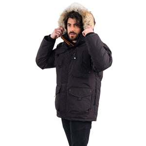 Outdoor Survival Canada OSC Men's Kanti -40 Down Parka in Orca Black Front View with Hood Up on Model | ScoutTech Outfitters