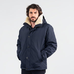Outdoor Survival Canada OSC Men's Nyik -20C Urban Shearling Jacket in Cold Lake Blue on Model | ScoutTech Outfitters Mississauga Store