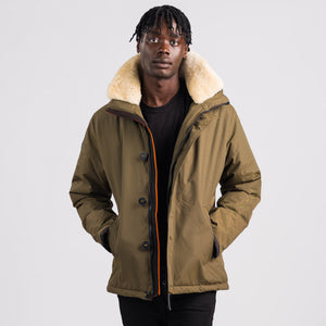 Outdoor Survival Canada OSC Men's Nyik -20C Urban Shearling Jacket in Military Green on Model Front View | ScoutTech Outfitters