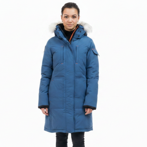 OS1081 Outdoor Survival Canada OSC Women's Nisto -40°C/F Down Parka in Indigo Blue Front Close Up | ScoutTech Outfitters Mississauga Store