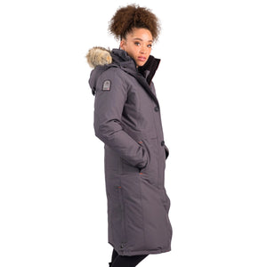 OS1101 Outdoor Survival Canada OSC Women's Nuaja Down Parka in Charcoal Grey Right Side Pose Showing Brand Patch -40°C/F | ScoutTech Outfitters Mississauga Store