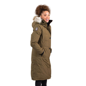 OS1101 Outdoor Survival Canada OSC Women's Nuaja Down Parka in Military Green Right Shoulder -40°C/F | ScoutTech Outfitters Mississauga Store
