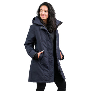 Outdoor Survival Canada OSC Women's Hai -15°C Down Parka in Cold Lake Blue  Unzipped on a Female Model | ScoutTech Outfitters Mississauga Store