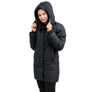 Outdoor Survival Canada OSC Women's Hai -15°C Down Parka in Orca Black Hood Up on a Female Model | ScoutTech Outfitters Mississauga Store