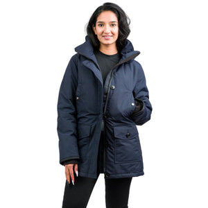 Outdoor Survival Canada OSC Women's Kina -15°C Down Parka in Cold Lake Blue Half Zip on Female Model | ScoutTech Outfitters Mississauga Store