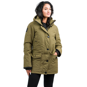 Outdoor Survival Canada OSC Women's Kina -15°C Down Parka in Military Green on Female Model Front View | ScoutTech Outfitters Mississauga Store