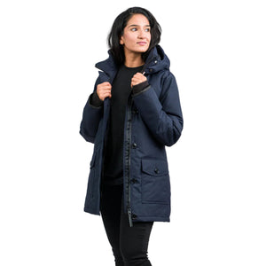 Outdoor Survival Canada OSC Women's Kina -15° Down Parka in Cold Lake Blue Open Zipper on Female Model | ScoutTech Outfitters Mississauga Store