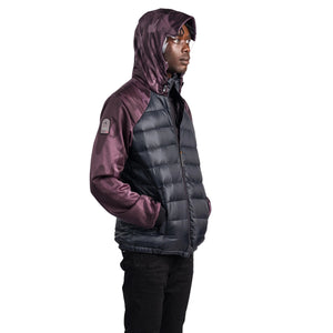 Outdoor Survival Canada Men's 0°C Kawartha Down Hybrid Jackets Showing Transparent Material on Hood Purple Camo Sleeves and Black Body | ScoutTech Outfitters Retail Store