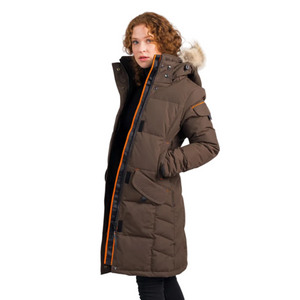 OSC Siku -40 Down Parka in Alpine Moss on a Model using the hand warmer pockets from a left side view | ScoutTech Outfitters
