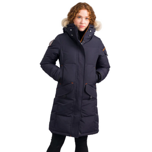 OSC Siku -40 Down Parka in Cold Lake Blue View on a Model using the hand warmer pockets | ScoutTech Outfitters Mississauga Store