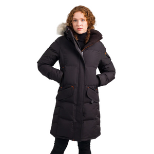 OSC Siku -40 Down Parka in Orca Black on a Model using the hand warmer pockets | ScoutTech Outfitters Mississauga Store