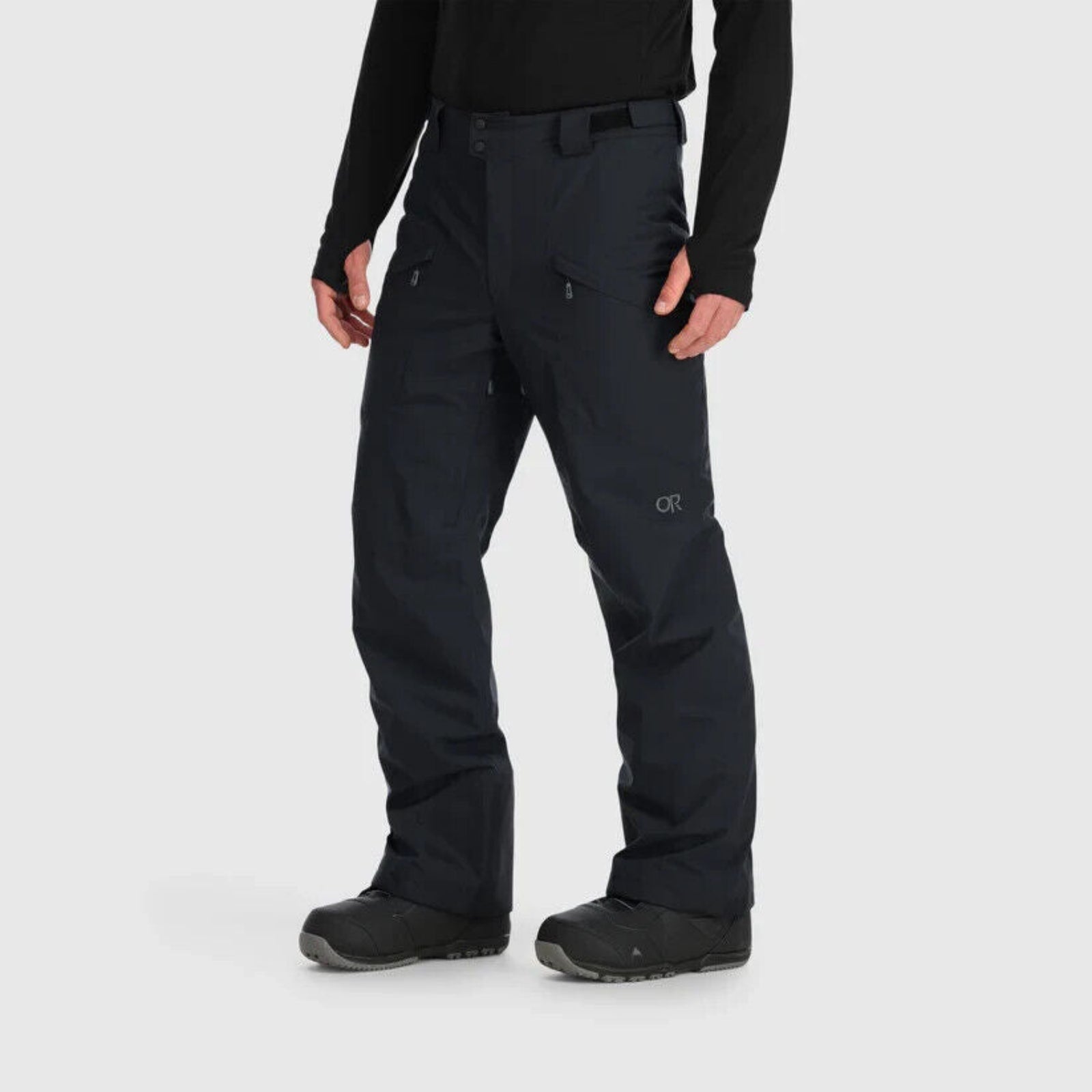 Outdoor Research Men's Snowcrew Insulated Ski Pants in Black Left Side with OR Logo at Knee and a zippered cargo pocket  | ScoutTech Outfitters Mississauga Store