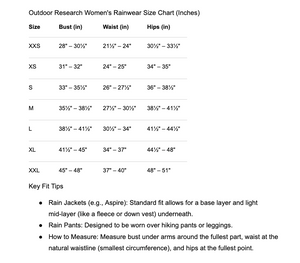 Outdoor Research Women's OR Helium II Ultralight Rain Jackets Size Chart | ScoutTech Outfitters