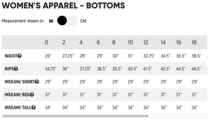 Outdoor Research Women's Zendo Pants in Black Size Chart | ScoutTech Outfitters