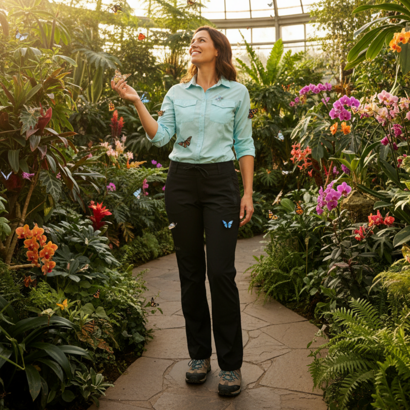 A woman stands on a stone path inside a lush greenhouse, wearing a conservatory uniform consisting of a light blue button-up shirt and black OR Zendo pants with butterflies on them. She is surrounded by dense tropical plants and colorful flowers. | ScoutTech Outfitters