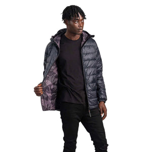 Outdoor Survival Canada Men's 0°C Manitoulin Down Puffer Jackets in Black Unzipped Showing Purple Camo Liner  | ScoutTech Outfitters