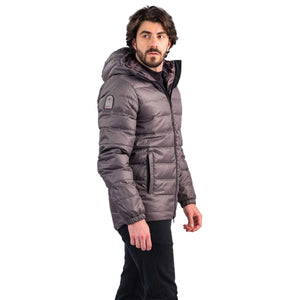 Outdoor Survival Canada Men's 0°C Manitoulin Down Puffer Jackets with Hood in Grey Right Side Showing Brand Badge | ScoutTech Outfitters