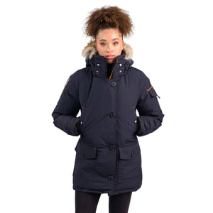 Outdoor Survival Canada OSC Women's Kasa -40 Down Parka in Cold Lake Blue on Model Using Hand Warmer Pockets | ScoutTech Outfitters