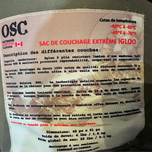 Outdoor Survival Canada OSC Igloo -60C Sleeping Bag Close Up View on Patch Showing Item Details | ScoutTech Outfitters