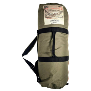 Outdoor Survival Canada OSC Igloo -60C Sleeping Bag Green Duffle Side View Showing Handles, a Shoulder Strap and OSC Info Patch | ScoutTech Mississauga