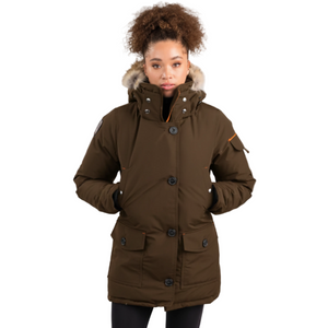 Outdoor Survival Canada OSC Kasa UC Women's -20C Urban Coyote Down Parka Model Wearing Military Green Front Pose | ScoutTech Mississauga 