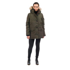 Outdoor Survival Canada OSC Kasa UC Women's -20C Urban Coyote Down Parka Model Wearing Alpine Moss Front Full Pose | ScoutTech Outfitters Mississauga Store
