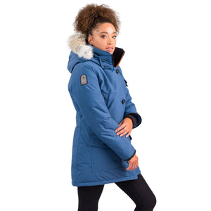 Outdoor Survival Canada OSC Kasa UC Women's -20°C Urban Coyote Down Parka Model Wearing Indigo Blue Display Right Side with Brand Patch | ScoutTech Outfitters Mississauga Store