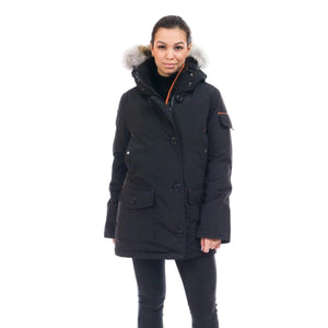Outdoor Survival Canada OSC Kasa UC Women's -20C Urban Coyote Down Parka Model Wearing Orca Black Front View | ScoutTech Outfitters Mississauga Store