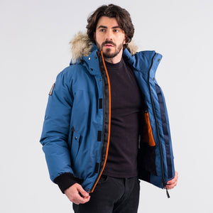 Outdoor Survival Canada OSC Men's Desna -40 Down Bomber Jackets in Indigo Blue Front Unzipped Pose | ScoutTech Outfitters