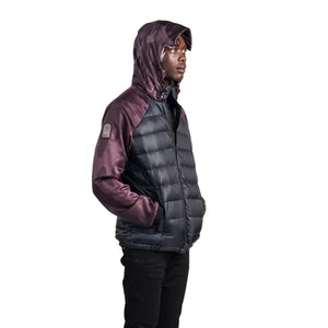 Outdoor Survival Canada OSC Men's Kawartha Down Hybrid Hooded Jackets with Solid Black Body with Dark Camo Print on Arms.  Right Side view showing OSC Badge on shoulder and Hood with Clear View Sides | ScoutTech Outfitters