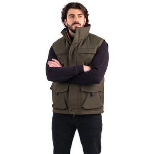 Outdoor Survival Canada OSC Men's Kayi -40 Down Vest in Alpine Moss on Model with Arms Crossed | ScoutTech Outfitters Mississauga Store