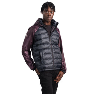 Outdoor Survival Canada Men's 0°C Kawartha Down Hybrid Two-Tone Jackets Showing Transparent Material on Hood Purple Camo Sleeves and Black Body | ScoutTech Outfitters Mississauga Store