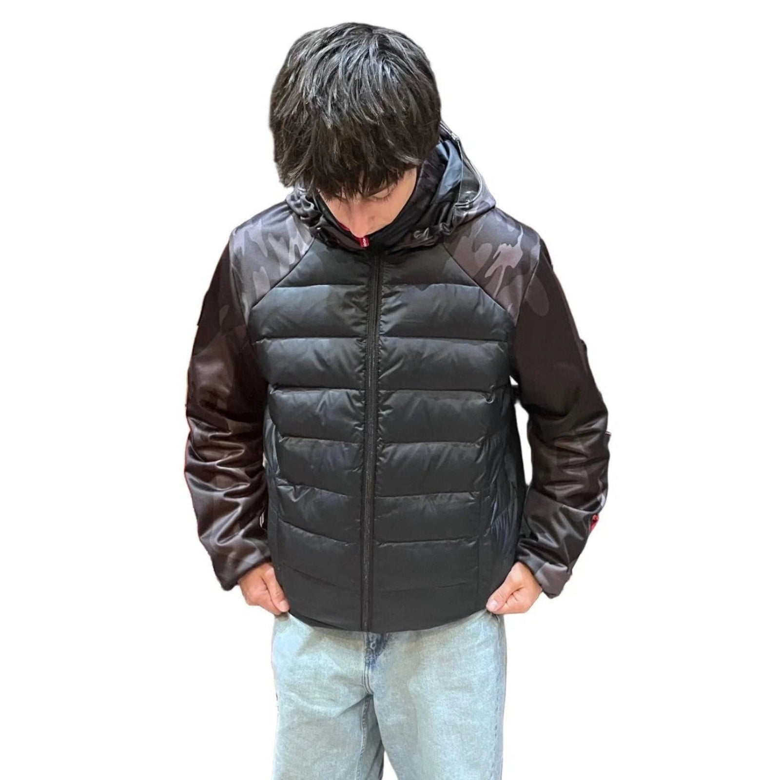 Outdoor Survival Canada OSC Men's 0°C / 32°F Kawartha Down Hybrid Hooded Jackets with Solid Black Body with Dark Camo Print on Arms | ScoutTech Outfitters
