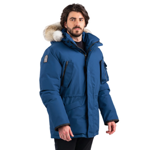 Outdoor Survival Canada OSC Men's Atim -40 Down Parka on Model worn open in Indigo Blue Front View | ScoutTech Outfitters Mississauga Store