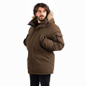 Outdoor Survival Canada OSC Mens Atim -40 Down Parka in Military Green on a Model Left View hands in upper pockets | ScoutTech Outfitters Mississauga