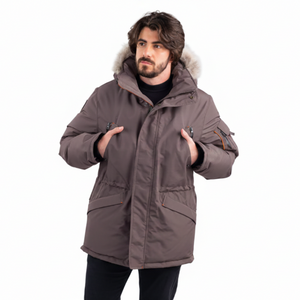 Outdoor Survival Canada OSC Men's Atim -40 Down Parka on Model worn open in Charcoal Grey | ScoutTech Outfitters Mississauga Store