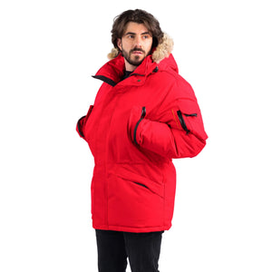 Outdoor Survival Canada OSC Men's Atim -40 Down Parka in Red Alert on a Model Left Side View | ScoutTech Outfitters