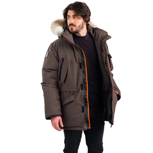 Outdoor Survival Canada OSC Men's Atim -40 Down Parka on Model worn open in Steel Grey | ScoutTech Outfitters Mississauga Store