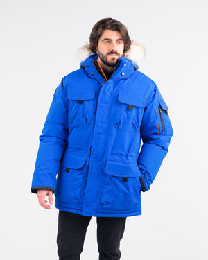 Outdoor Survival Canada OSC Men's Atka -40 Down Parka in Arctic Blue Front View on Model | ScoutTech Outfitters Mississauga Store