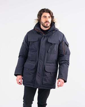 Outdoor Survival Canada OSC Men's Atka -40 Down Parka in Cold Lake Blue on Model with Front View | ScoutTech Outfitters