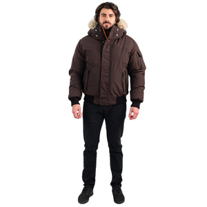 Outdoor Survival Canada OSC Men's Desna -40 Down Bomber Jackets in Chestnut Brown Front Zipped Pose | ScoutTech Outfitters Mississauga